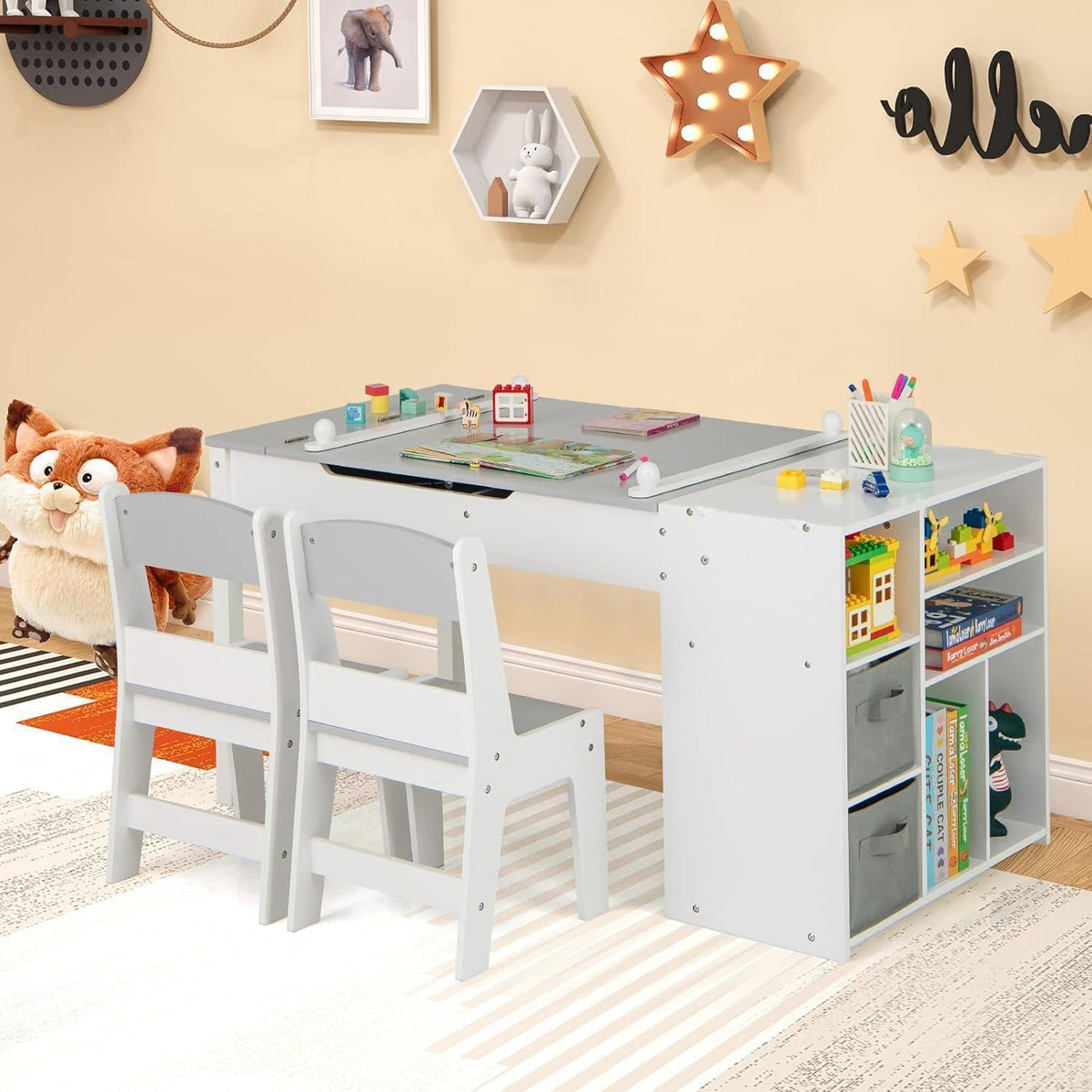 Kindertisch mit Stühlen und Stauraum, kippbar, Grau