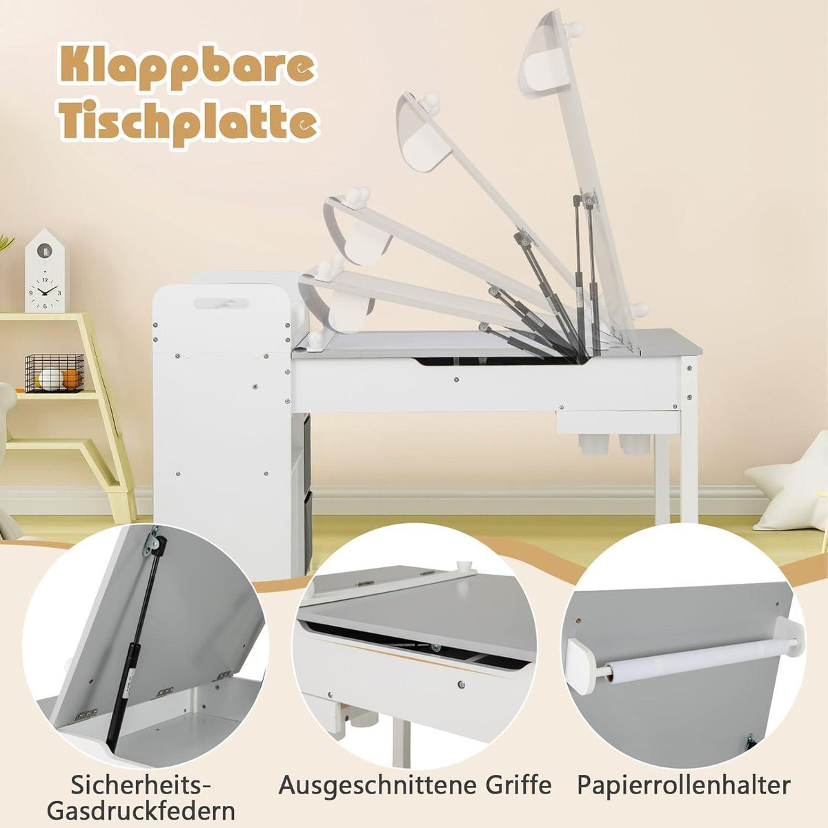 Kindertisch mit Stühlen und Stauraum, kippbar, Grau