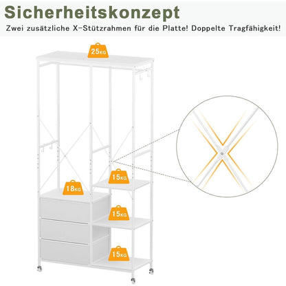 Fahrbarer Kleiderständer mit Schubladen & Haken – Weiß