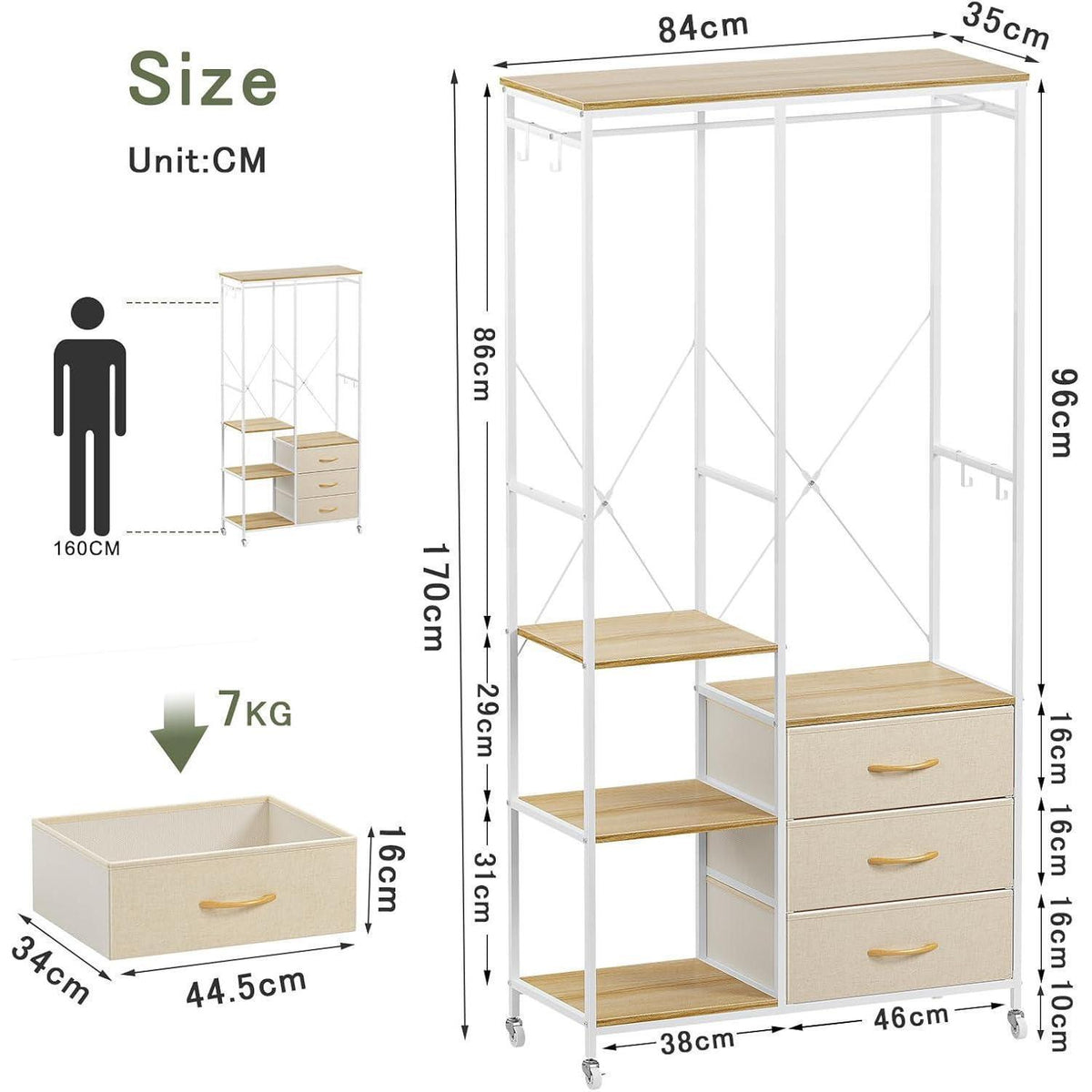 Fahrbarer Kleiderständer mit Schubladen & Haken – Beige
