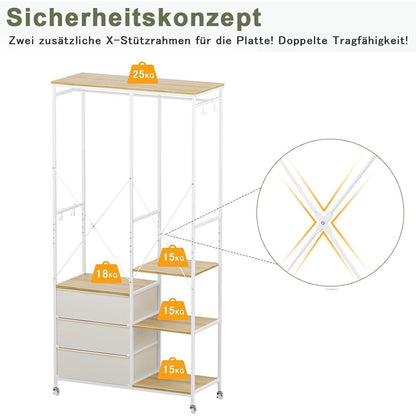Fahrbarer Kleiderständer mit Schubladen & Haken – Beige