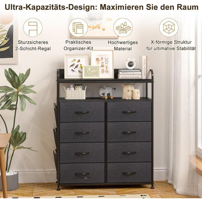 Kommode mit 8 Stoffschubladen & 2 Regalen, Schwarz