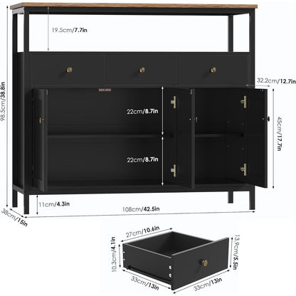 Sideboard mit 3 Schubladen & 3 Türen – Küchenkommode Schwarz