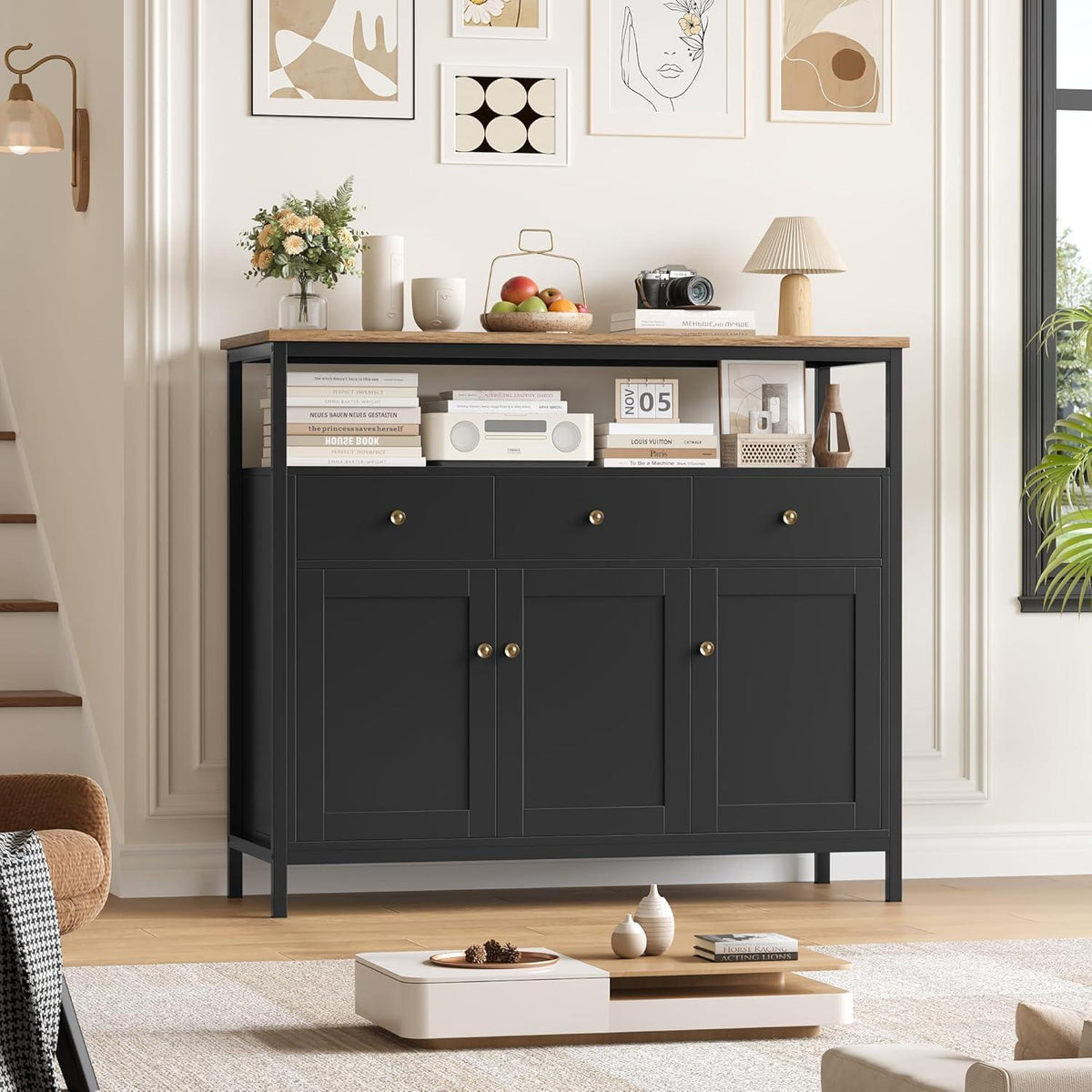 Sideboard mit 3 Schubladen & 3 Türen – Küchenkommode Schwarz