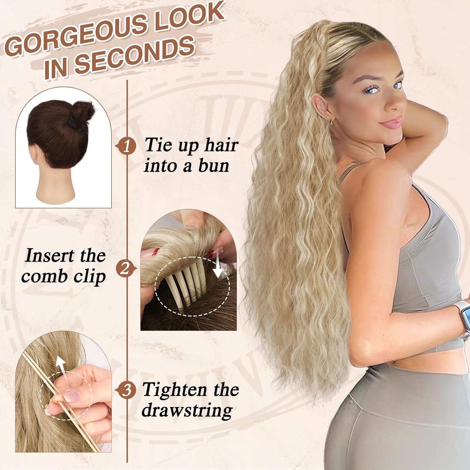 Lockiger 76cm Pferdeschwanz Haarteil Kordelzug Wellig Clips Blond
