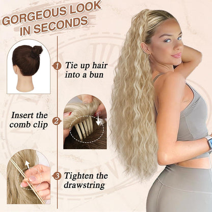Lockiger 76cm Pferdeschwanz Haarteil Kordelzug Wellig Clips Blond
