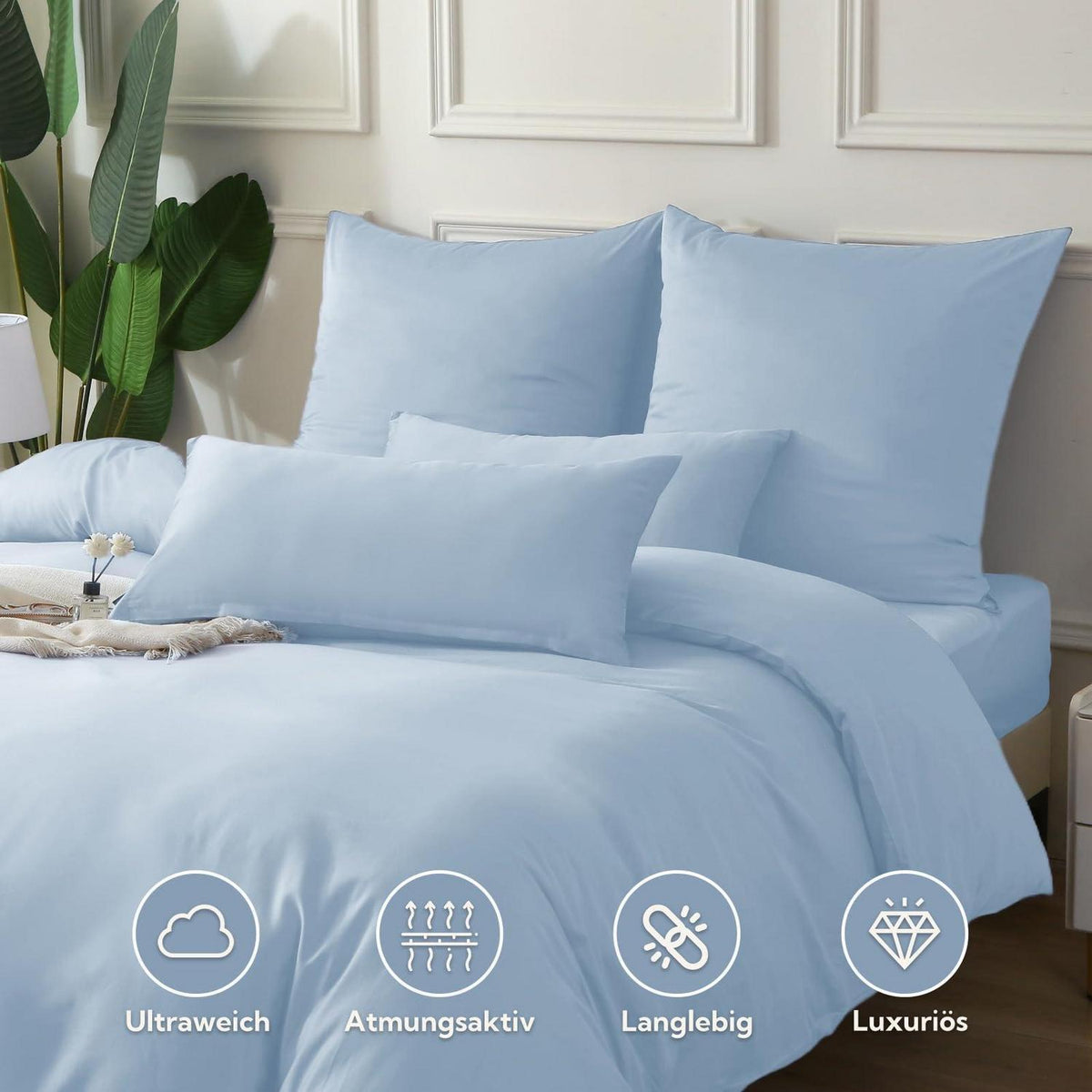 Satin Bettwäsche Set 135x200, Hellblau, 4-teilig, Baumwolle