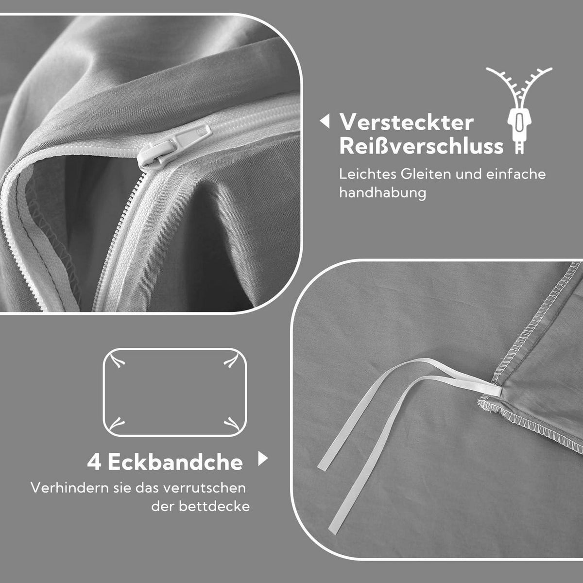 Satin Bettwäsche Set 135x200 Baumwolle Hellgrau 4tlg.