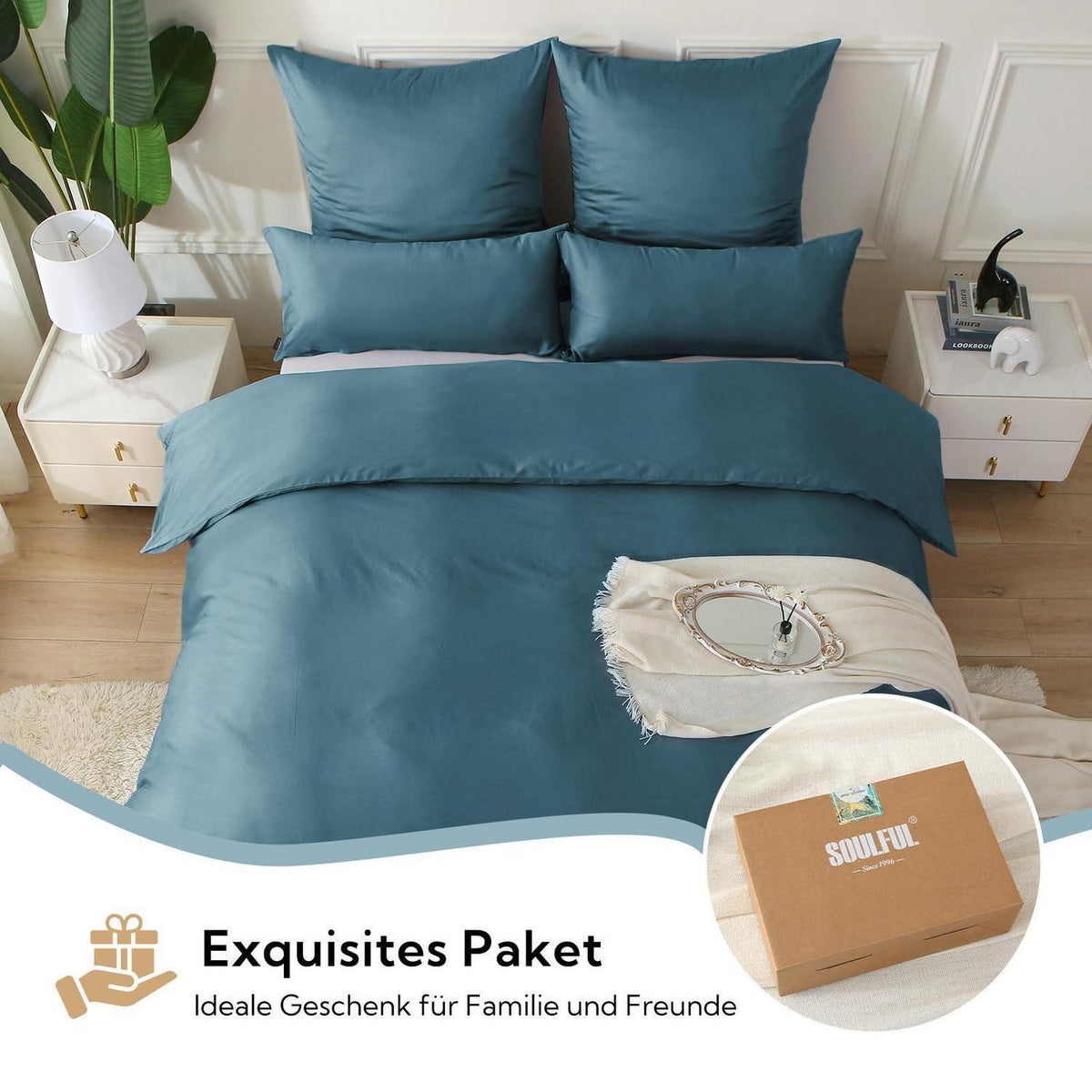 Satin Bettwäsche Set 135x200 Baumwolle Pfauenblau 4tlg.