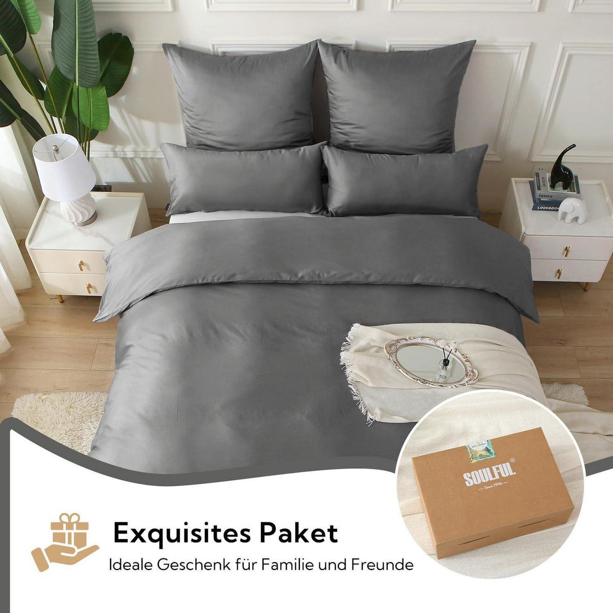 Satin Bettwäsche Set 220x240 Baumwolle Kühlend Kohlegrau