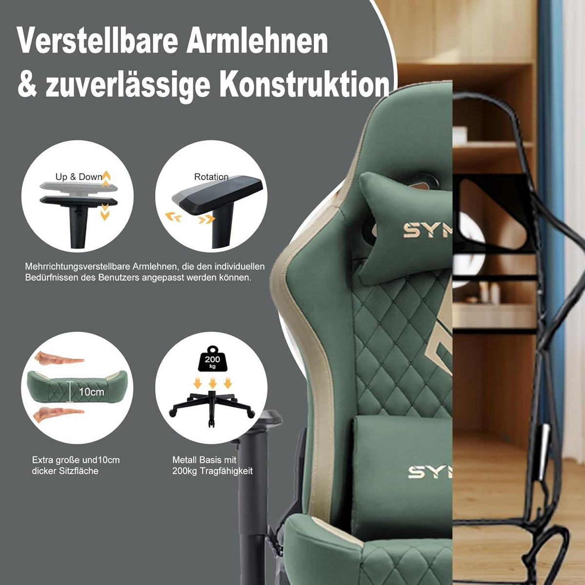 Symino Gaming Stuhl Vintage-PU-Leder Rennsitz-Design Fußstütze Grün