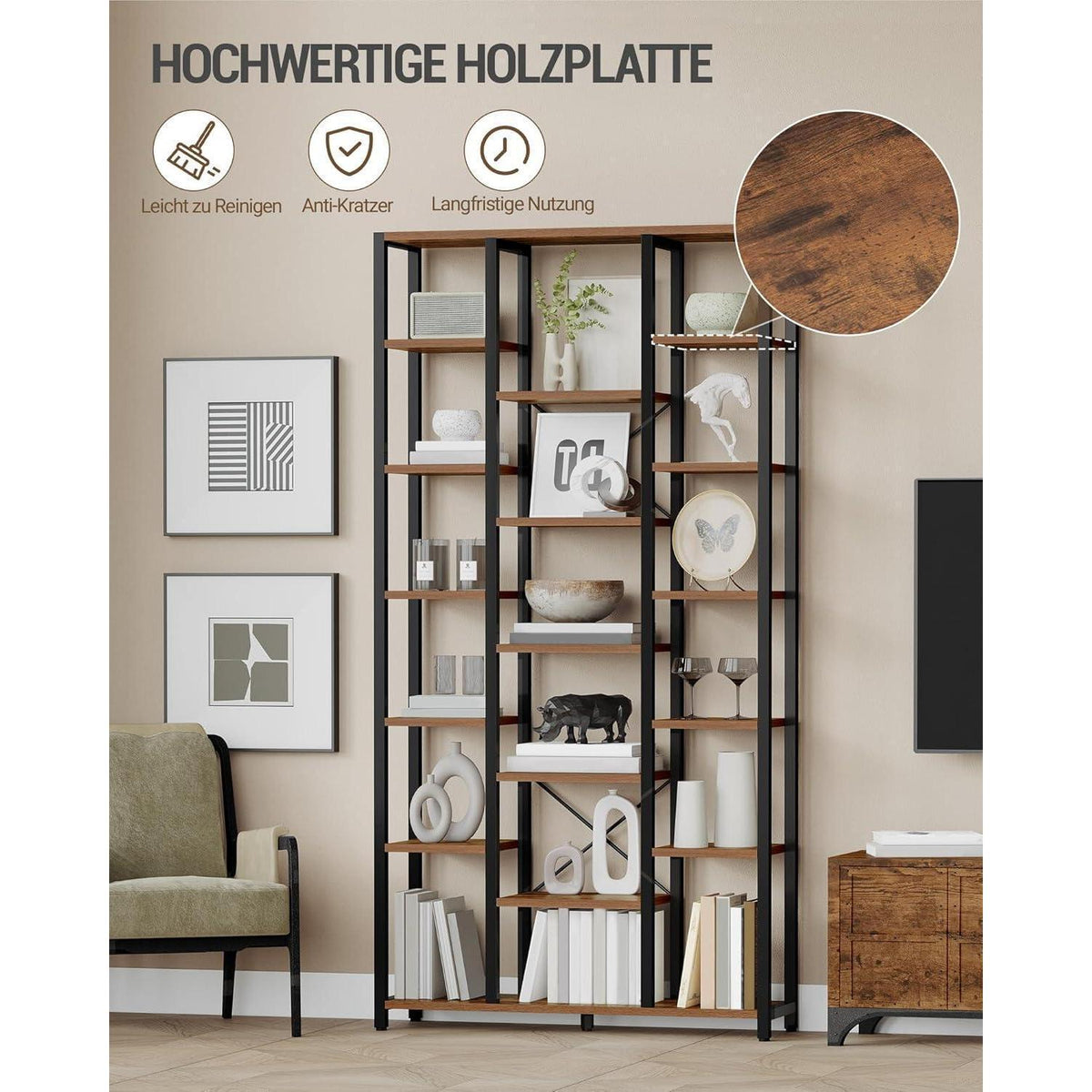 7-Ebenen Bücherregal Vintagebraun-Schwarz – Standregal mit 18 Ablagen