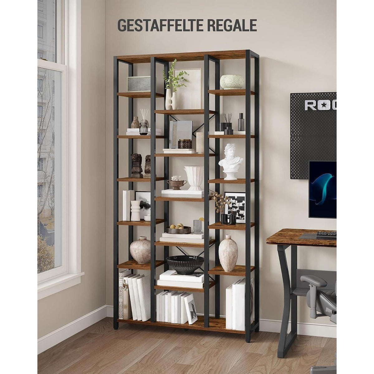 7-Ebenen Bücherregal Vintagebraun-Schwarz – Standregal mit 18 Ablagen