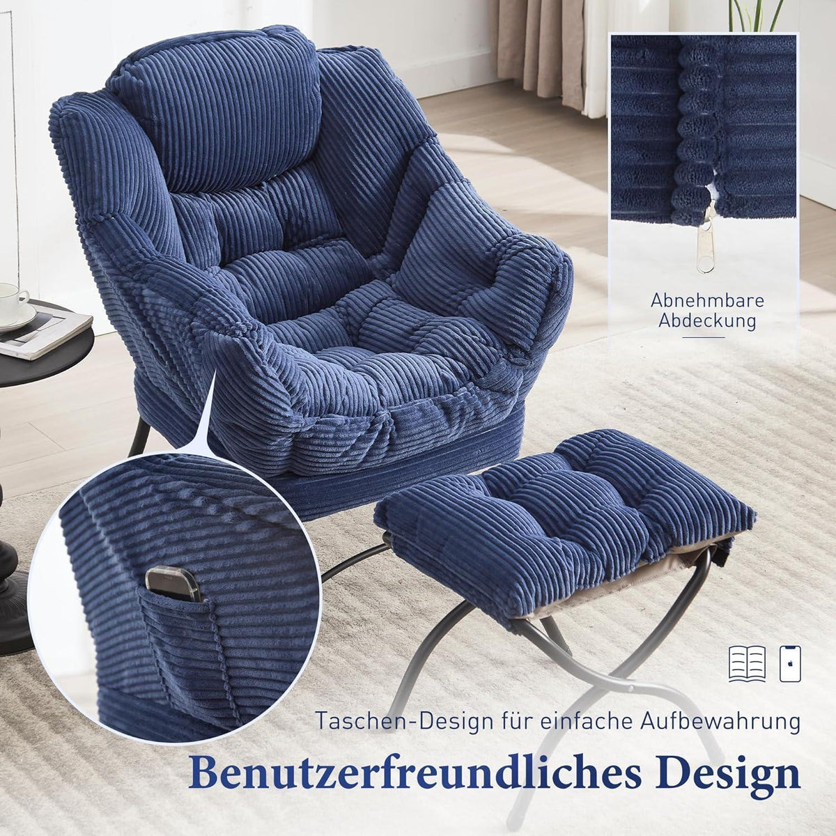 Lazy Chair mit Ottomane – Bequemer Faulenzersessel Marineblau