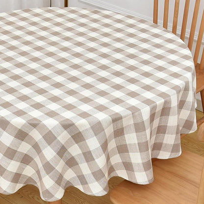 Runde Tischdecke Beige Kariert Ø135cm – Abwaschbar & Leinenoptik