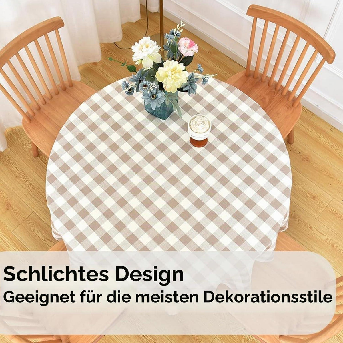 Runde Tischdecke Beige Kariert Ø135cm – Abwaschbar & Leinenoptik