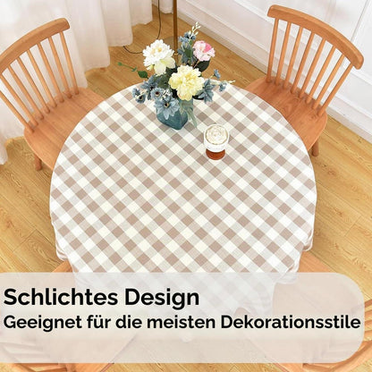 Runde Tischdecke Beige Kariert Ø135cm – Abwaschbar & Leinenoptik