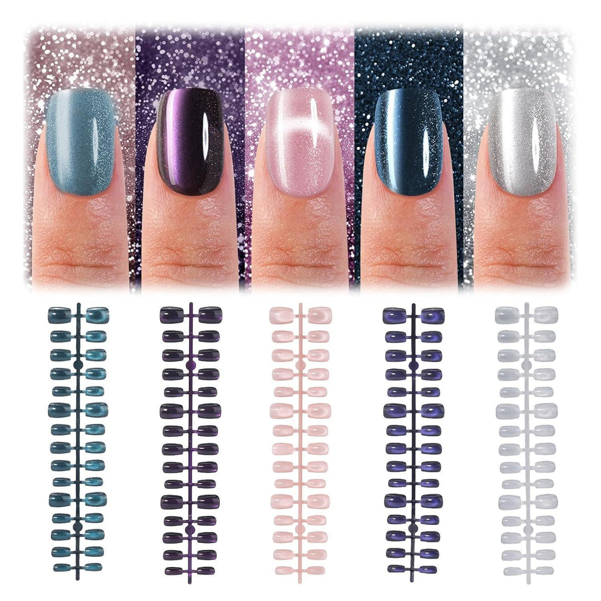 3D Cat Eye Press On Nails – 15 Größen, Soft Gel, 5 Farben