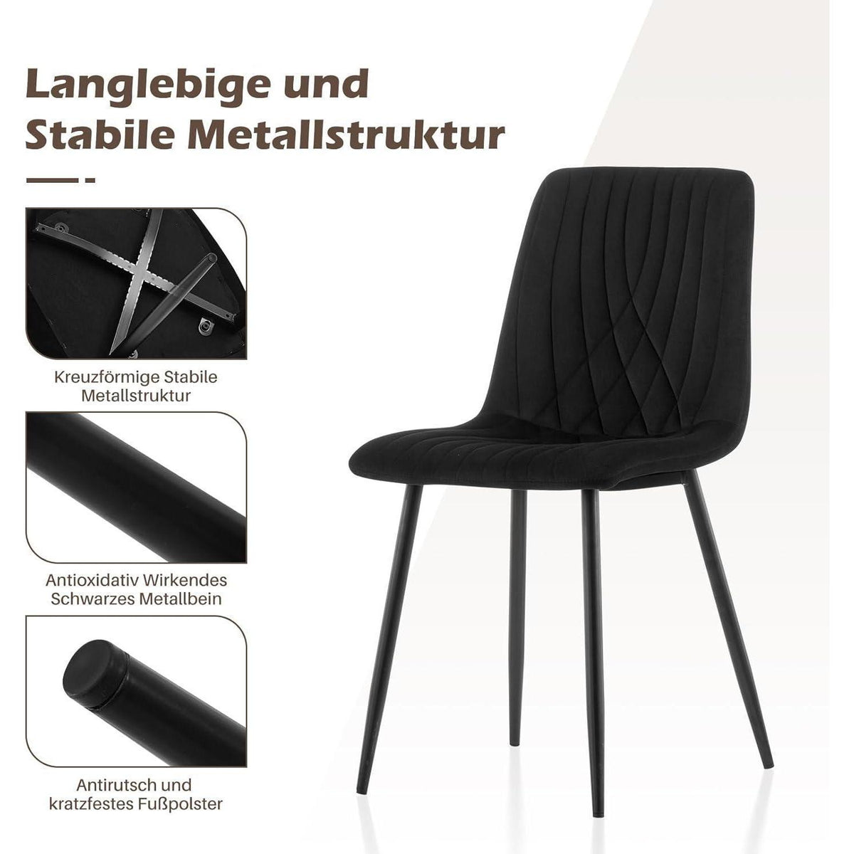Samt Esszimmerstühle 2er-Set, Ergonomisch & Modern Schwarz