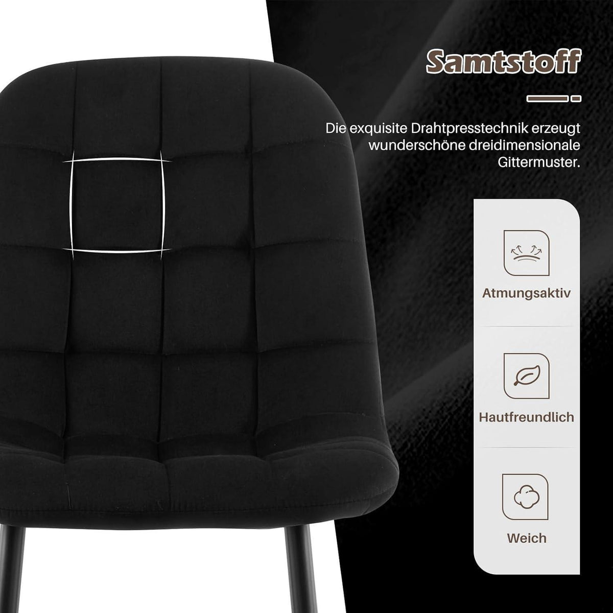 TUKAILAI Esszimmerstühle 2er-Set, Gepolsterte Samtstühle Schwarz