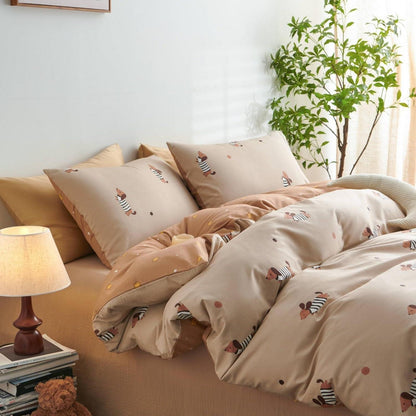 Dackel Bettwäsche Set 220x240 Baumwolle Khaki Sterne Muster