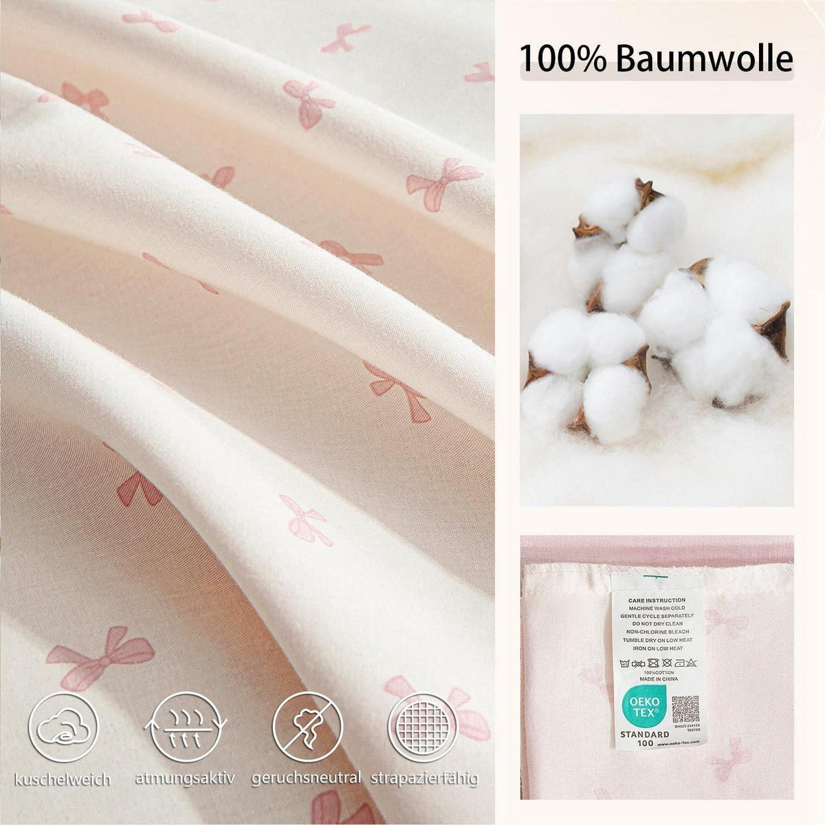 Baumwoll Bettwäsche Set 220x240 cm Schleifen Beige Rosa