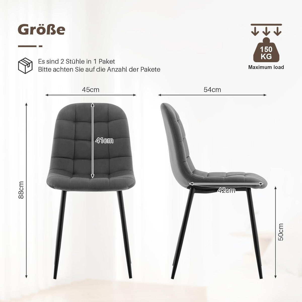 TUKAILAI Esszimmerstühle 2er-Set, Gepolsterte Samtstühle Grau