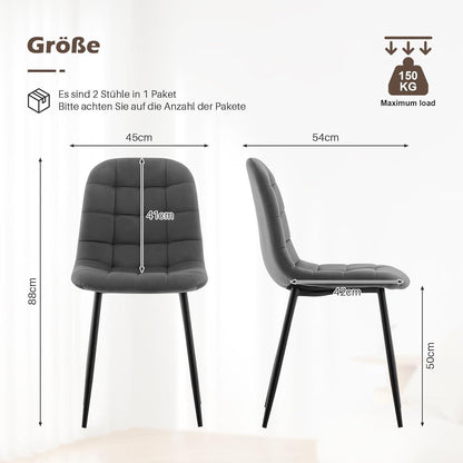 TUKAILAI Esszimmerstühle 2er-Set, Gepolsterte Samtstühle Grau