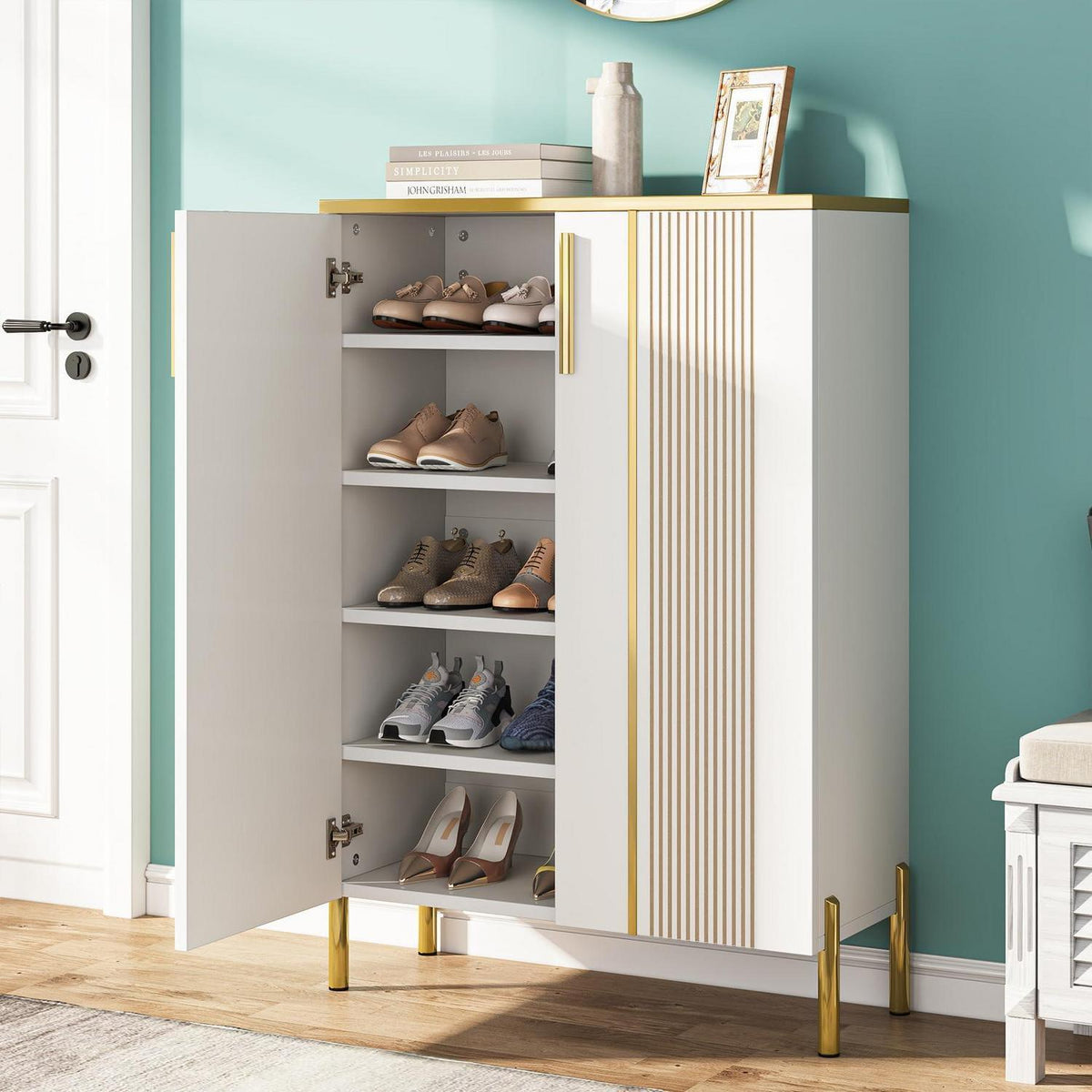 Schuhschrank mit Türen & verstellbaren Regalen – Weiß & Gold