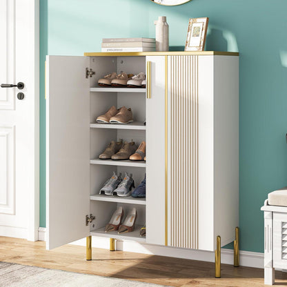 Schuhschrank mit Türen & verstellbaren Regalen – Weiß & Gold