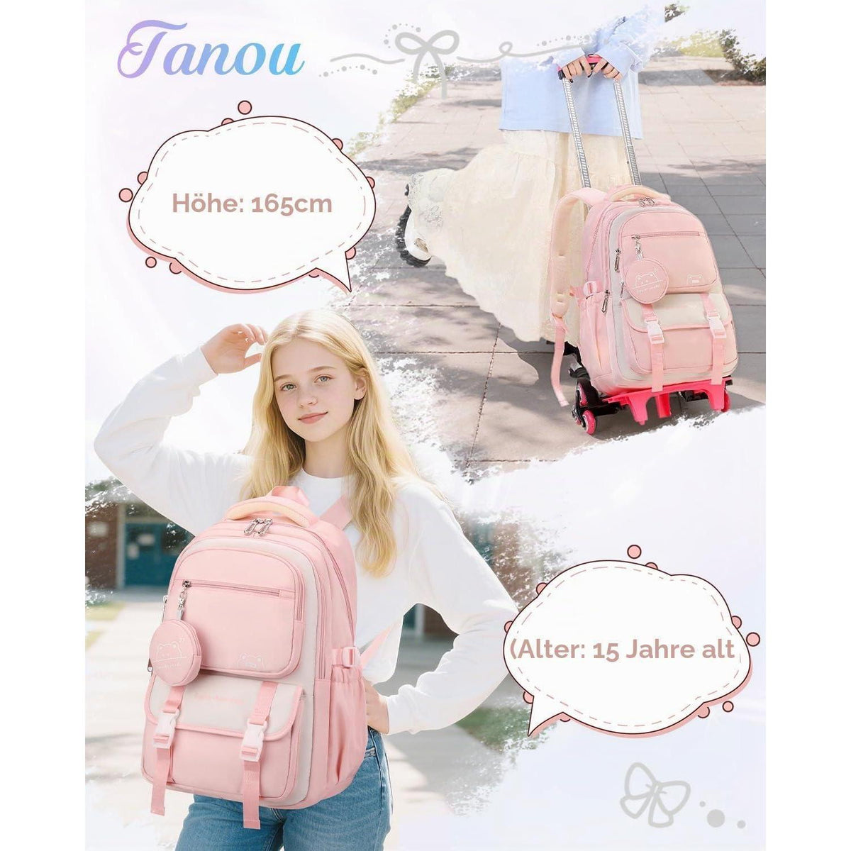 Schulrucksack Trolley Mädchen Rosa, 30L, Höhenverstellbar
