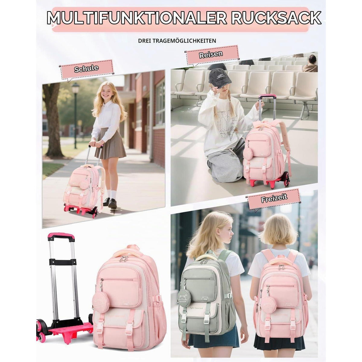 Schulrucksack Trolley Mädchen Rosa, 30L, Höhenverstellbar