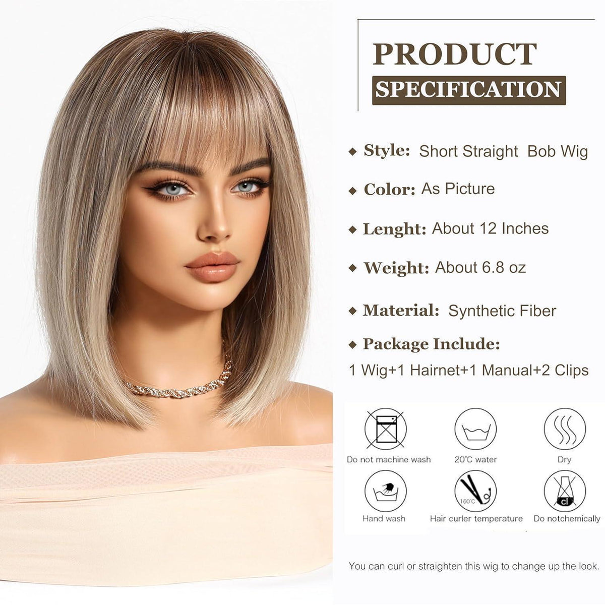 Blonde Bob Perücke mit Fransen – Schulterlang, Synthetisch Ombre
