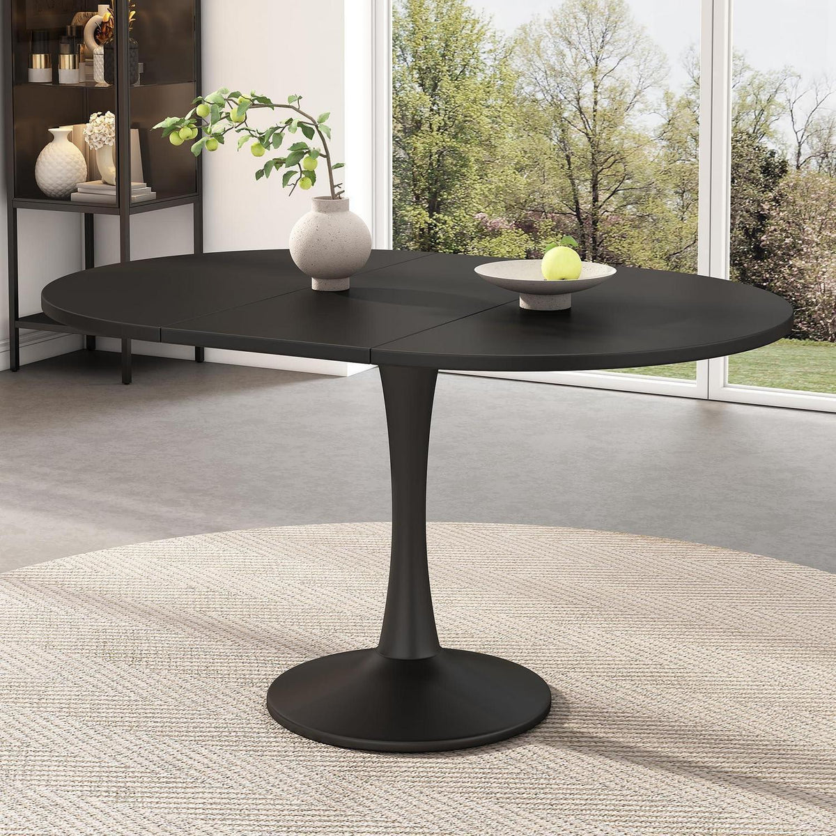 Ausziehbarer Esstisch oval, Schwarz – 100/140 x 100 cm