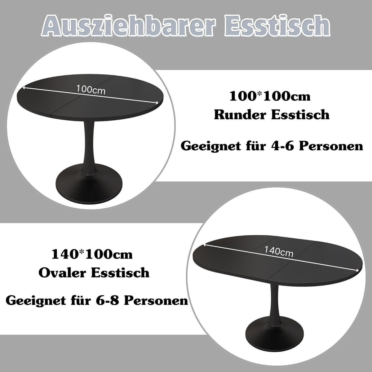 Ausziehbarer Esstisch oval, Schwarz – 100/140 x 100 cm