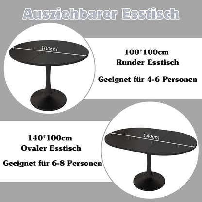 Ausziehbarer Esstisch oval, Schwarz – 100/140 x 100 cm
