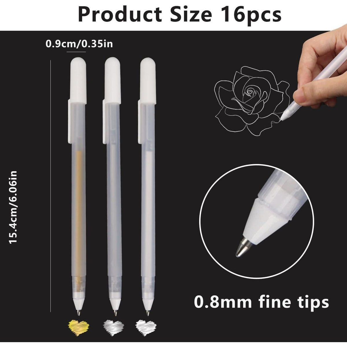 16er Set Gelstifte Weiß, Gold & Silber – 0,8mm Feinliner