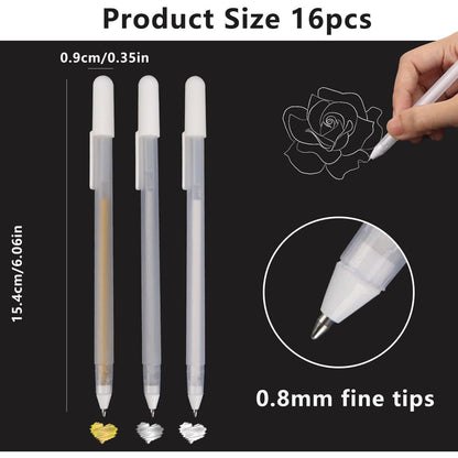 16er Set Gelstifte Weiß, Gold & Silber – 0,8mm Feinliner