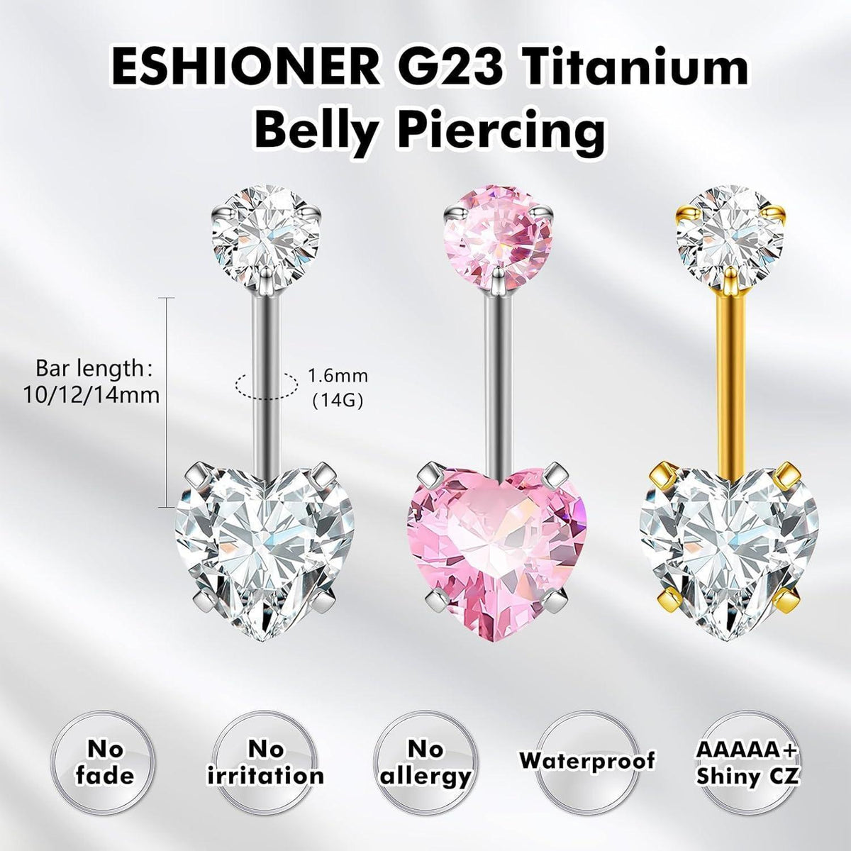 G23 Titan Bauchnabelpiercing mit Herz-Anhänger Gold Silber
