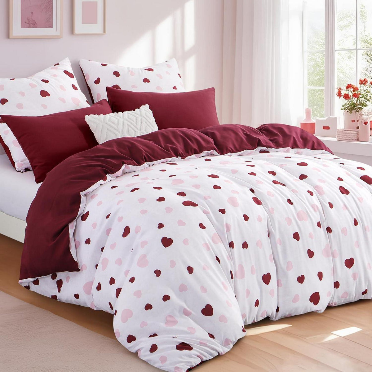 Bettwäsche-Set 200x220 Herzen Rot Rosa - 3-teilig Mikrofaser