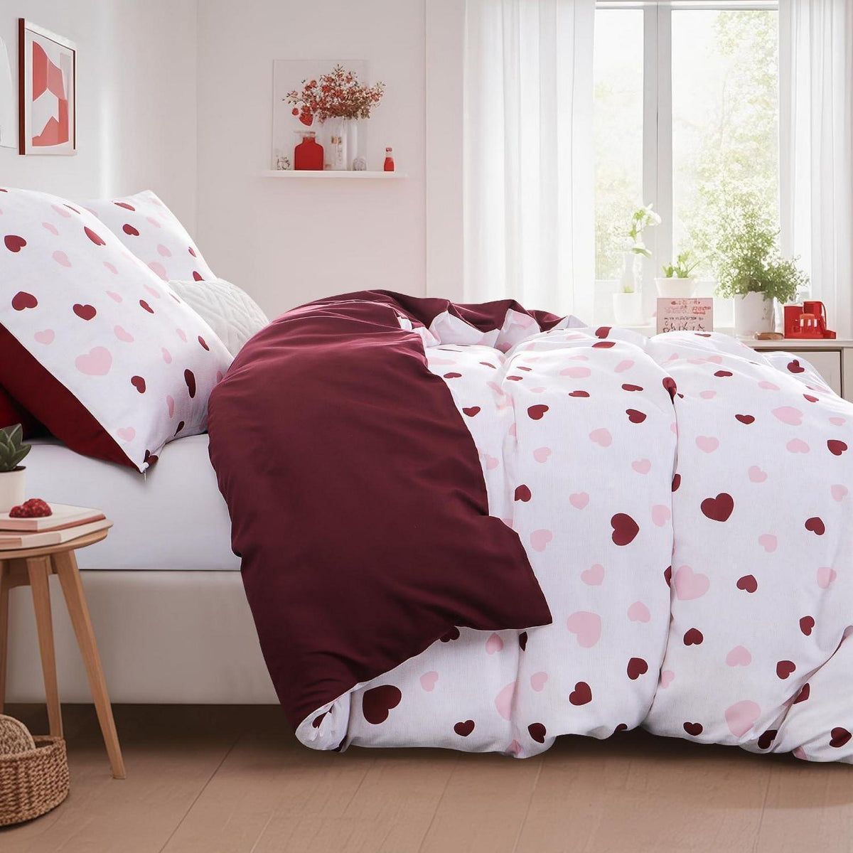 Bettwäsche-Set 200x220 Herzen Rot Rosa - 3-teilig Mikrofaser