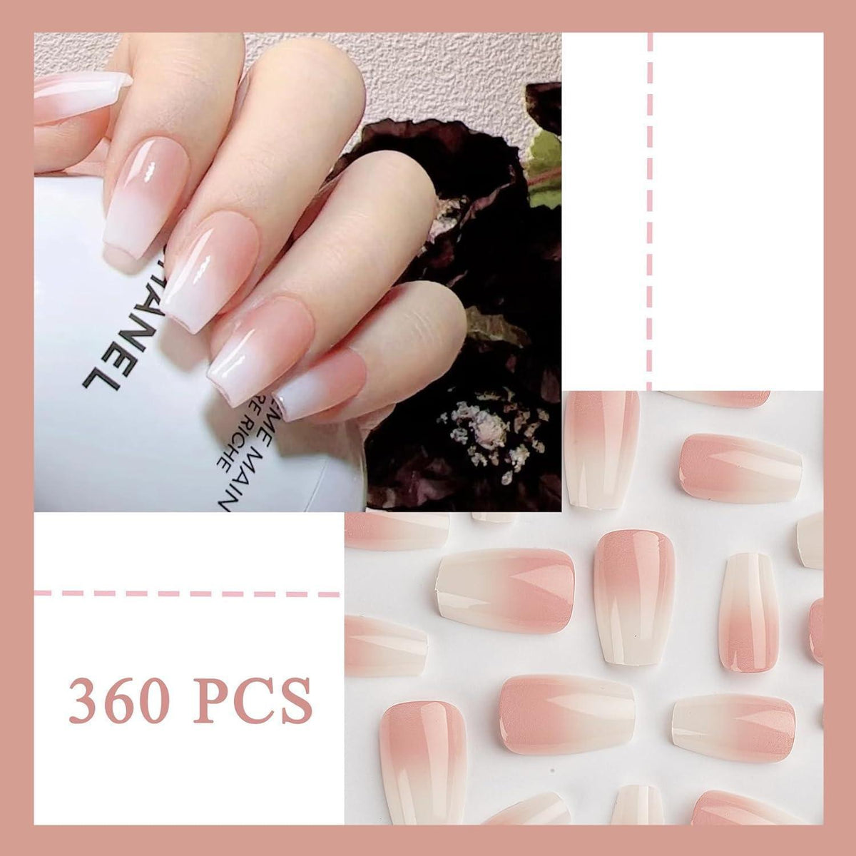360er Set Ballerina Press on Nails Rosa Weiß Farbverlauf mit Nagelöl