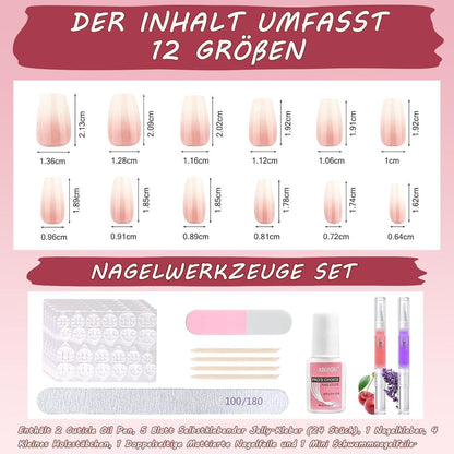 360er Set Ballerina Press on Nails Rosa Weiß Farbverlauf mit Nagelöl