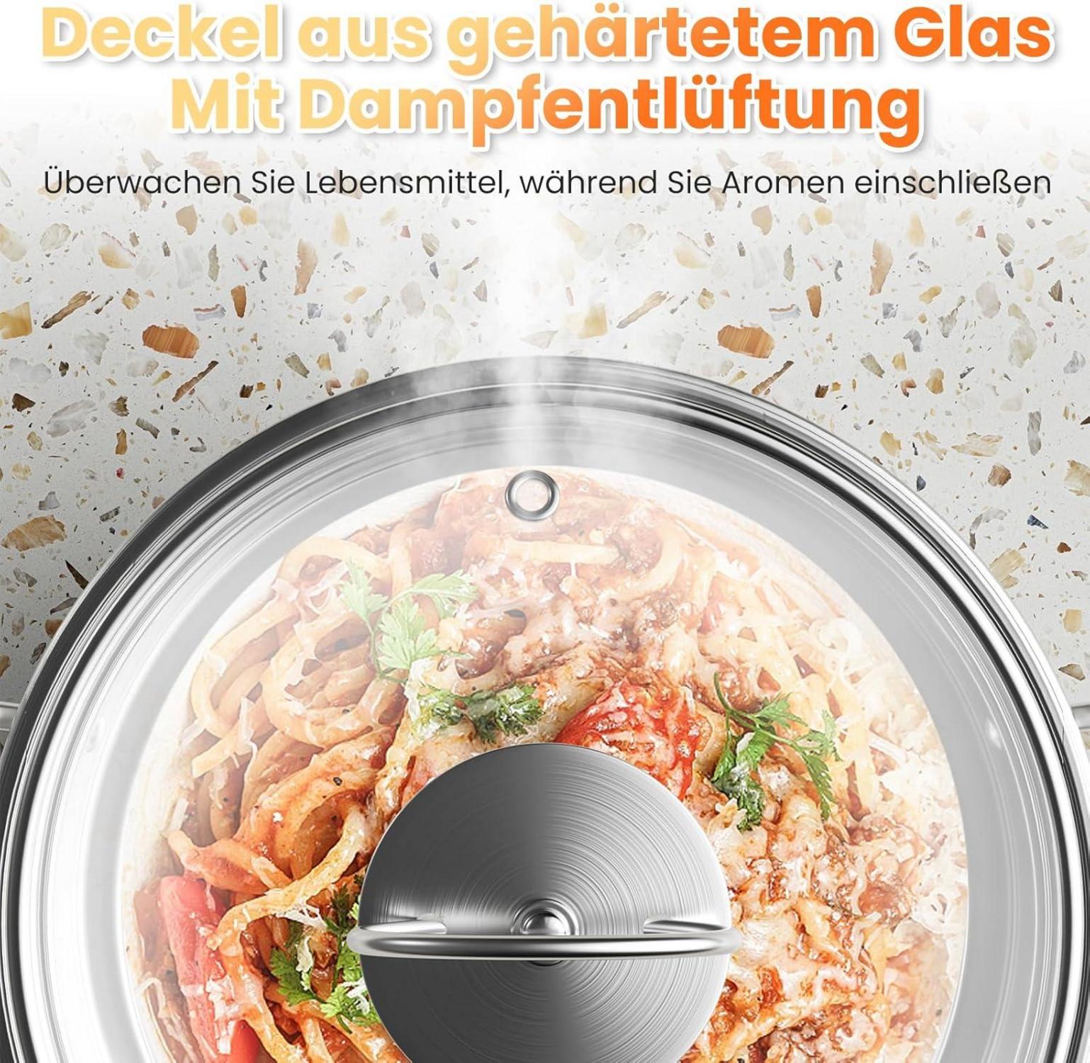 Topfset aus Edelstahl 12-teilig für alle Herdarten - Glasdeckel, Stielkasserolle, Induktion-Kochtopf-Set