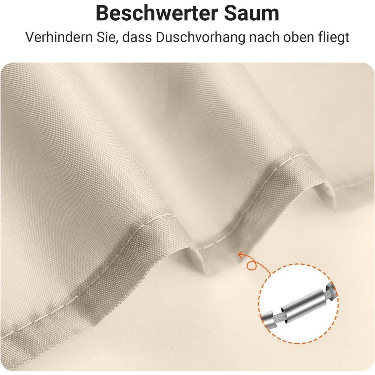 Duschvorhang 220x200 cm Beige, Wasserabweisend, Beschwerter Saum
