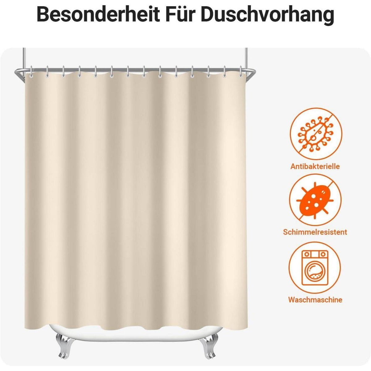 Duschvorhang 220x200 cm Beige, Wasserabweisend, Beschwerter Saum