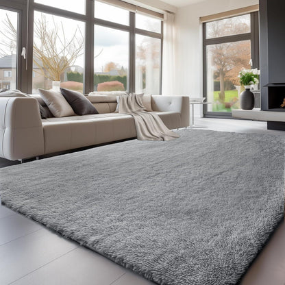 Grauer Hochflor Teppich 240x340 – Flauschiger Wohnzimmerteppich Waschbar