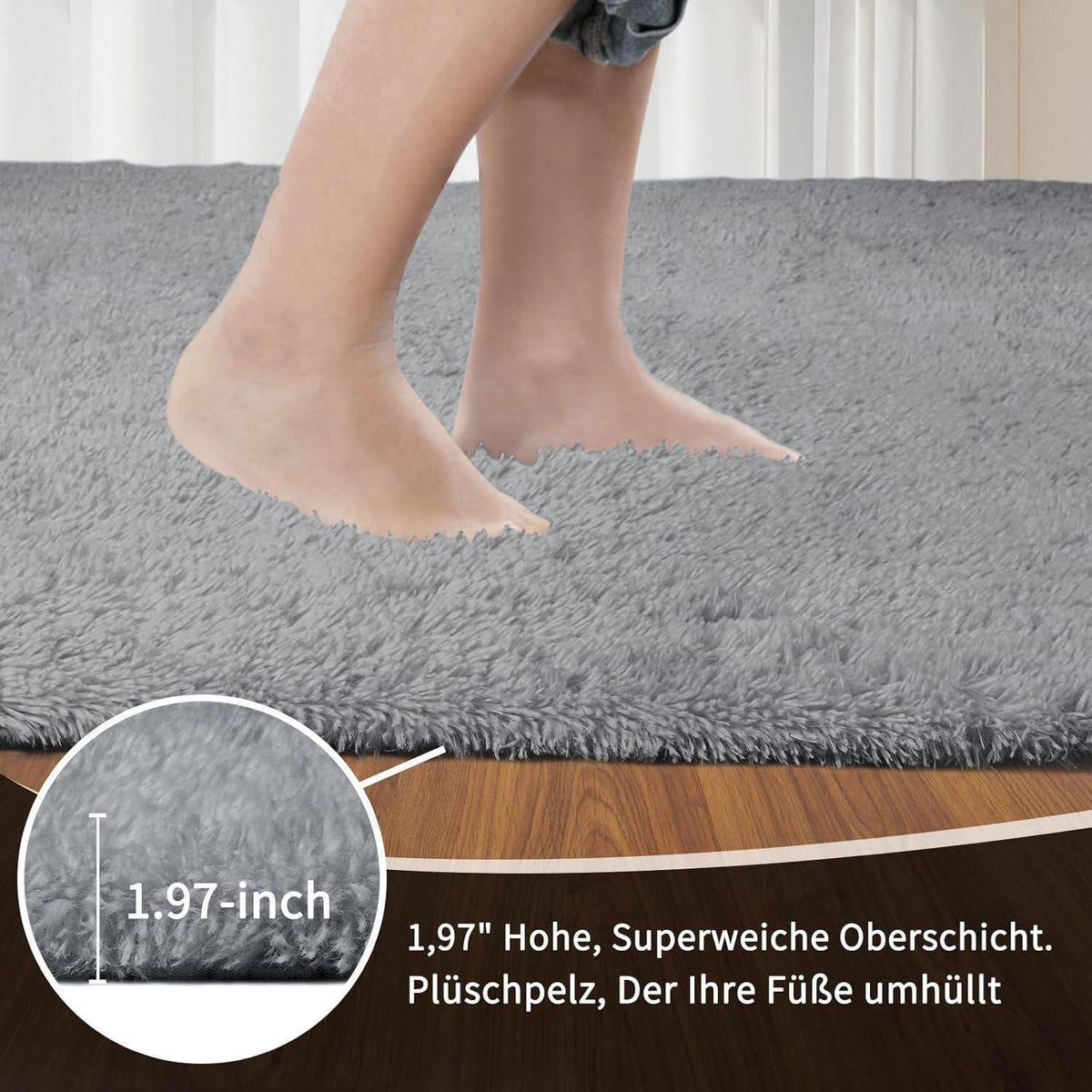 Hochflor Teppich Grau 240x300 - Flauschiger Wohnzimmerteppich Waschbar