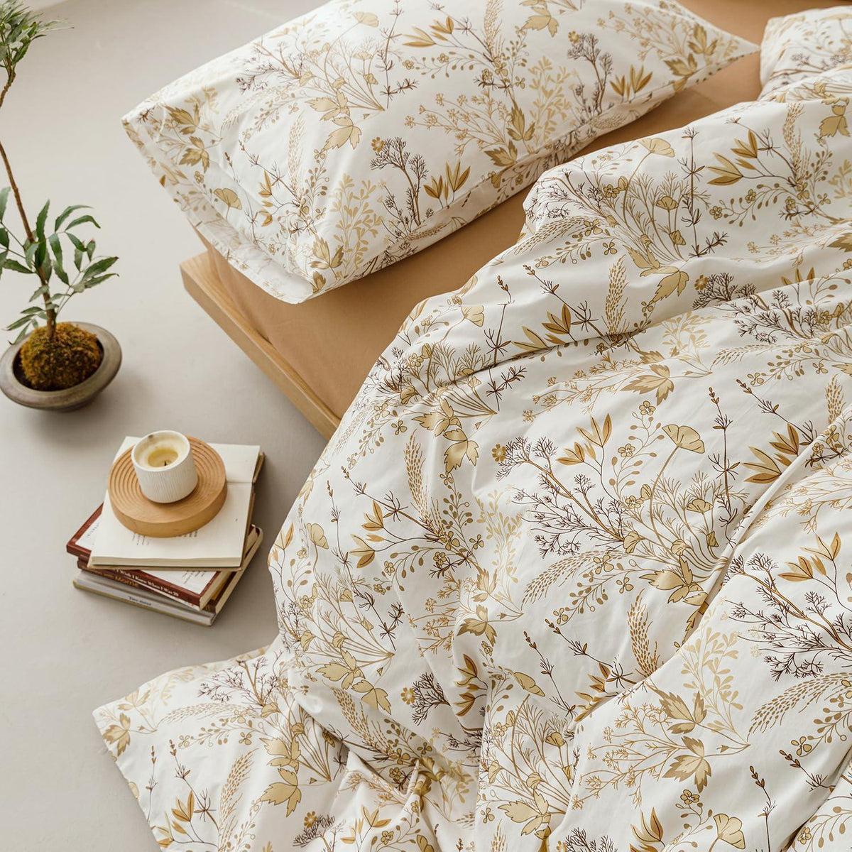 Bettwäsche-Set 135x200 cm Beige Baumwolle Ahornblatt Blumenmuster