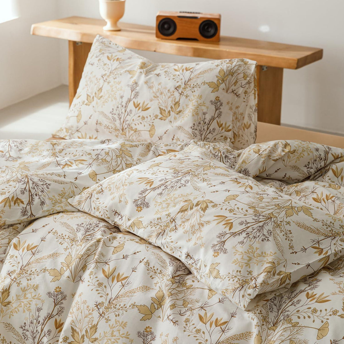 Bettwäsche-Set 135x200 cm Beige Baumwolle Ahornblatt Blumenmuster